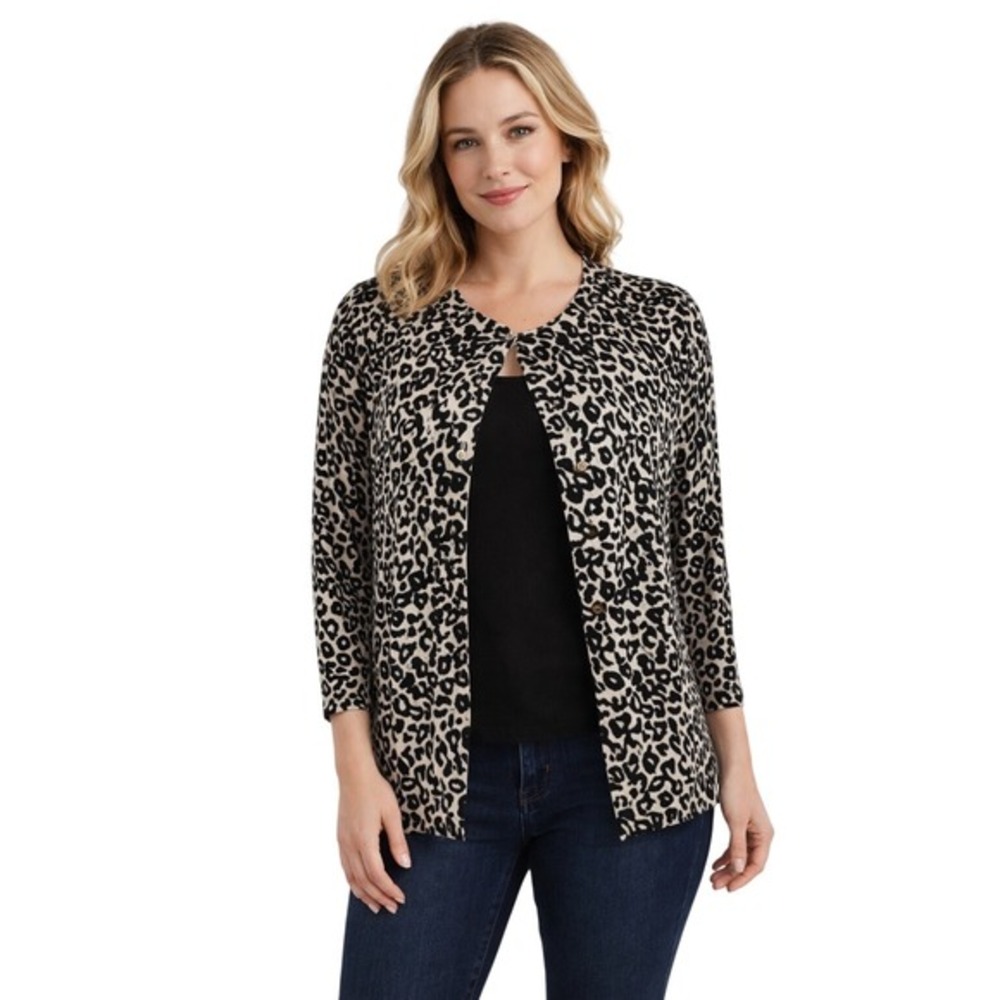 LOFT Leopard Print Cardigan Sweater Womens XS Black White Cotton Academia 57-21